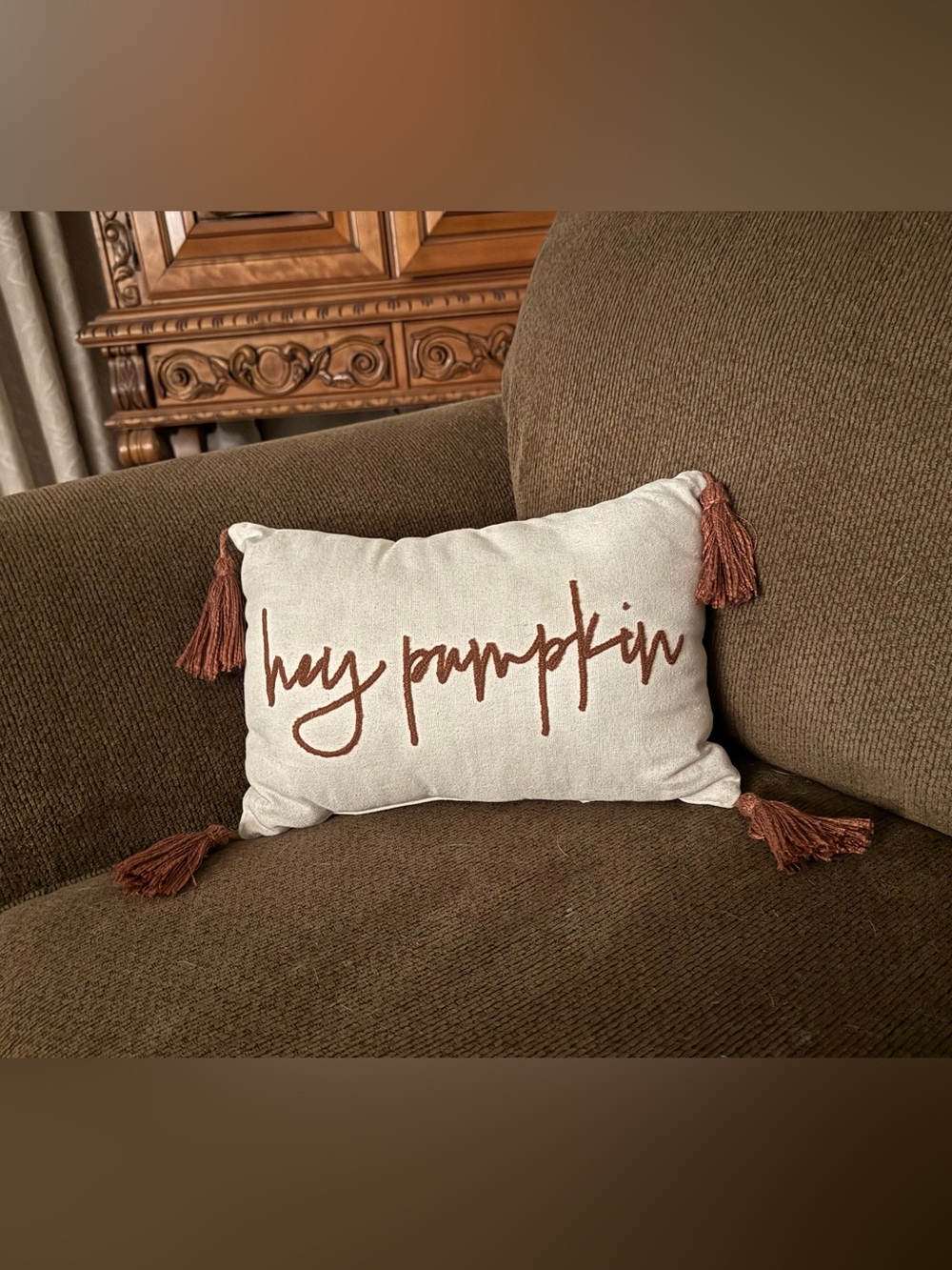 Hey Pumpkin Embroidered Decorative Throw Pillow Script Tassels Fall Autumn